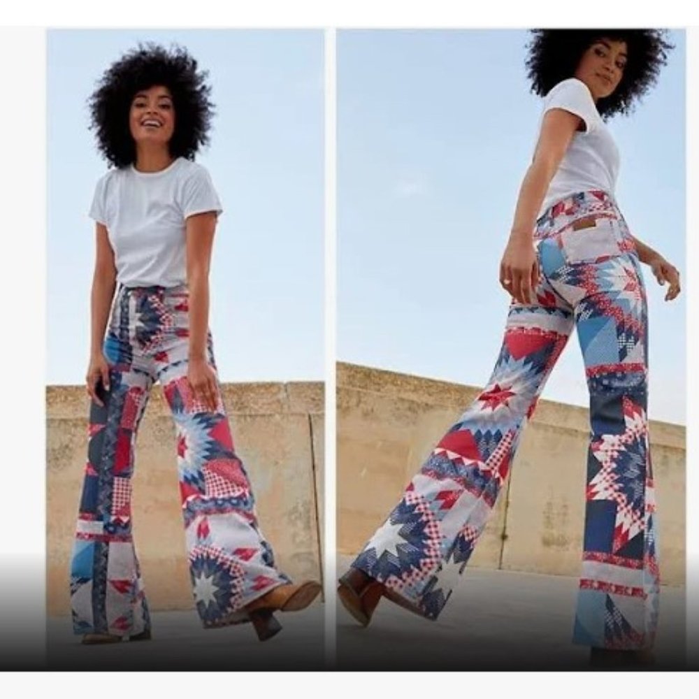 Free People patchwork quilt pattern Wrangler flare leg jeans Size 27